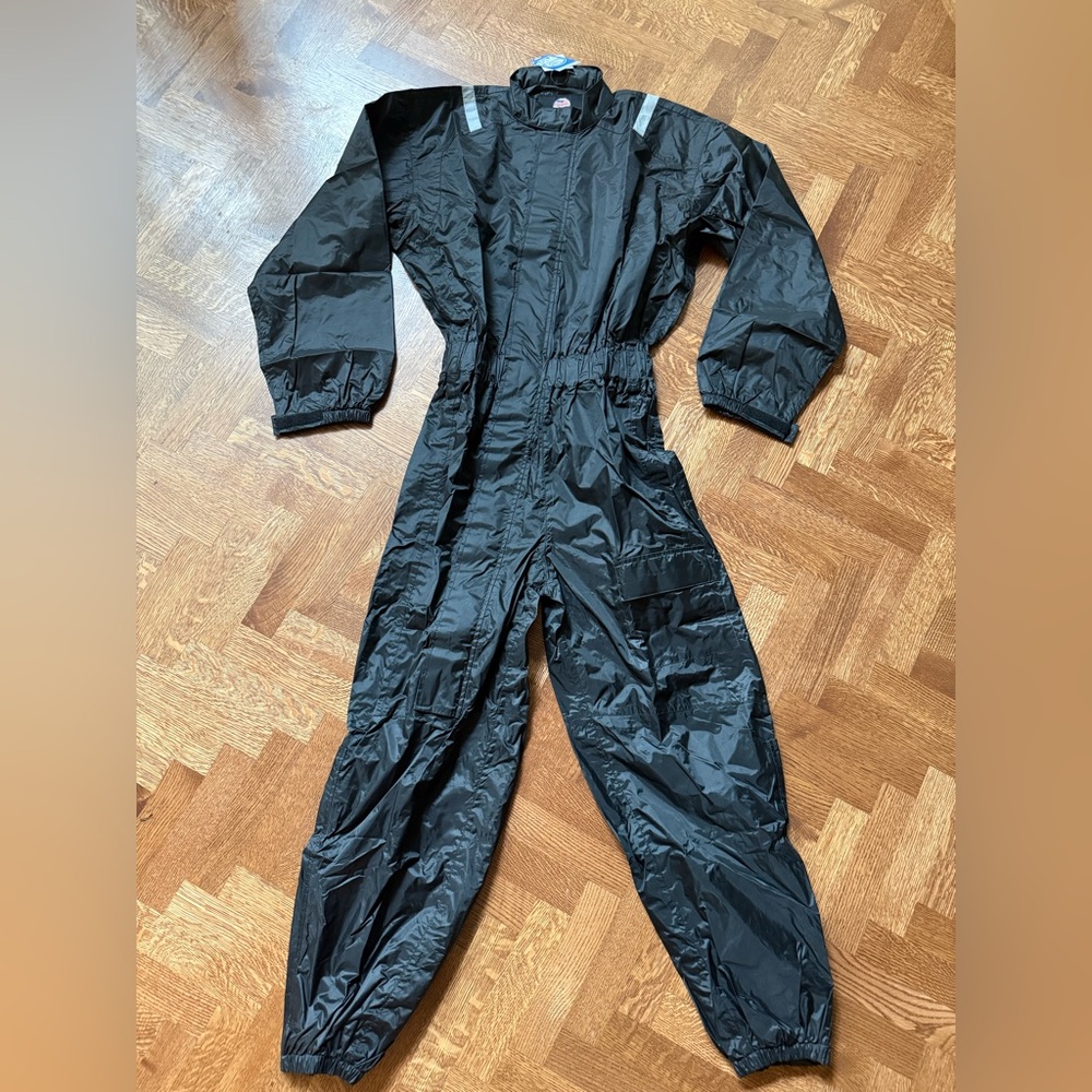 NWT WICKED STOCK Waterproof‎ Rain Suit Jumpsuit Hooded Black Moto Motorcycle XL